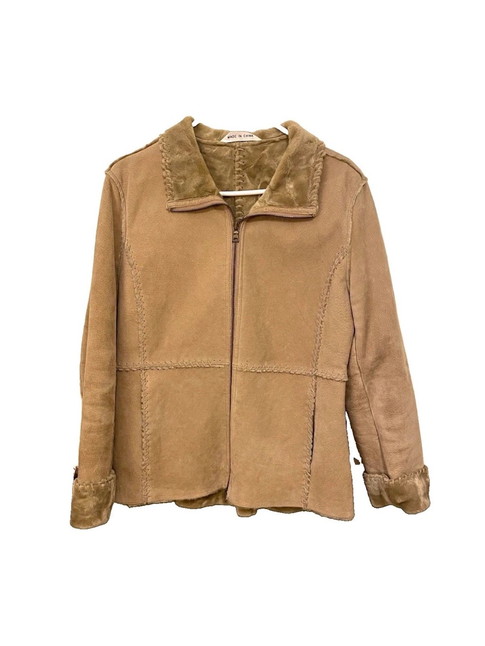 Classic Tan Shearling Zip-Front Jacket - Women Faux Suede Boho 70’s Retro